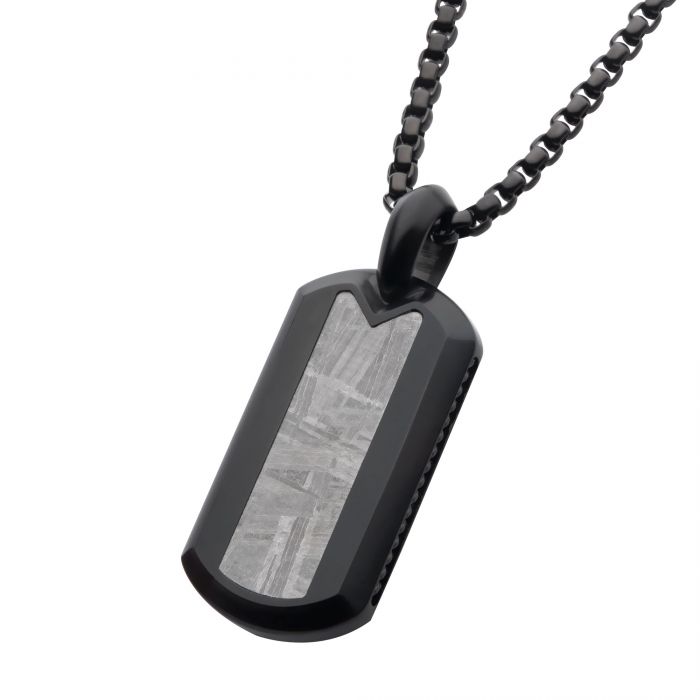 INOX Stainless Steel Meteorite Inlay Dog Tag Pendant with Black IP Box Chain