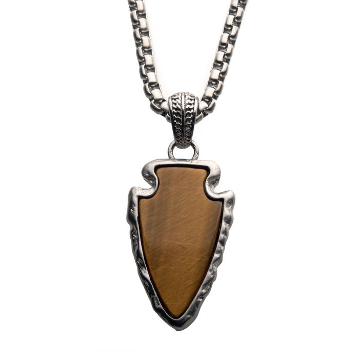 INOX Stainless Steel & Tigers Eye Stone Arrowhead Pendant