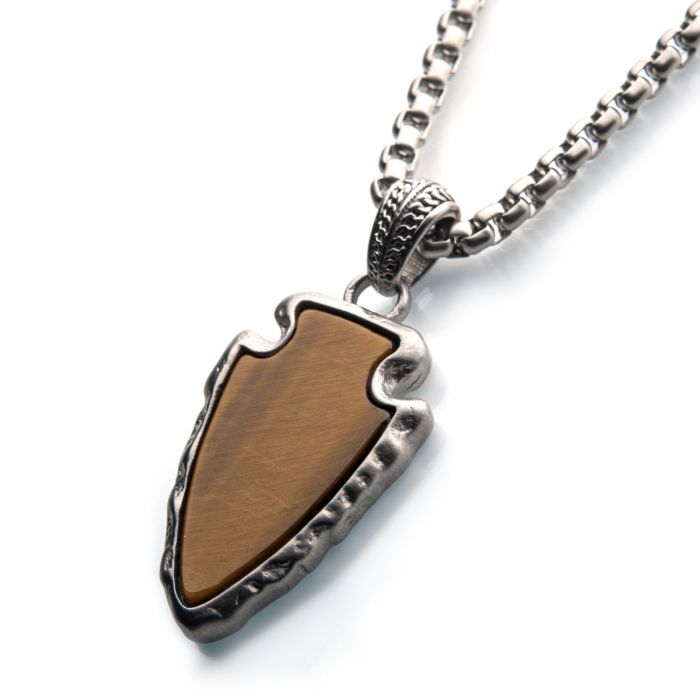 INOX Stainless Steel & Tigers Eye Stone Arrowhead Pendant