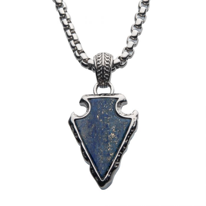 INOX Stainless Steel & Lapis Lazuli Stone Arrowhead Pendant