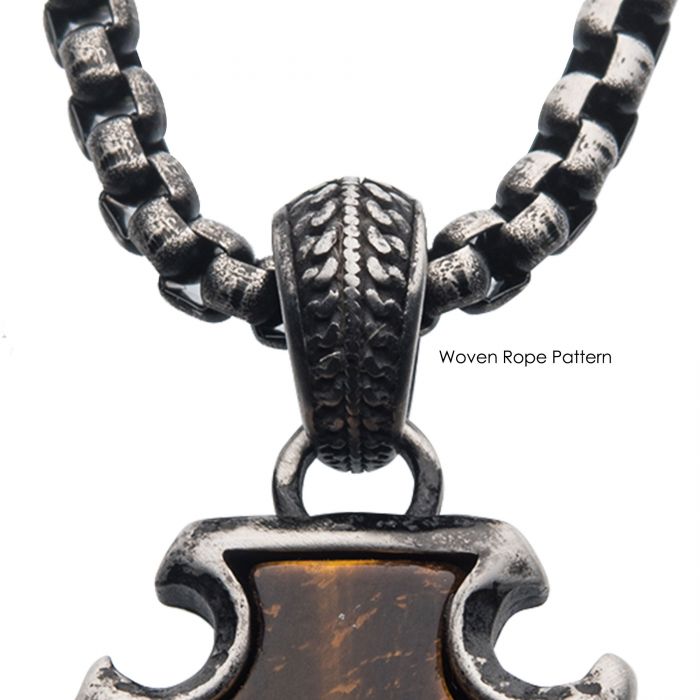 INOX Gun-Metal Plated Stainless Steel & Tiger's Eye Stone Arrowhead Pendant