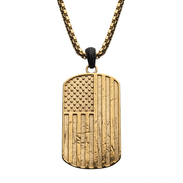 INOX Stainless Steel Rugged American Flag Pendant with Box Chain