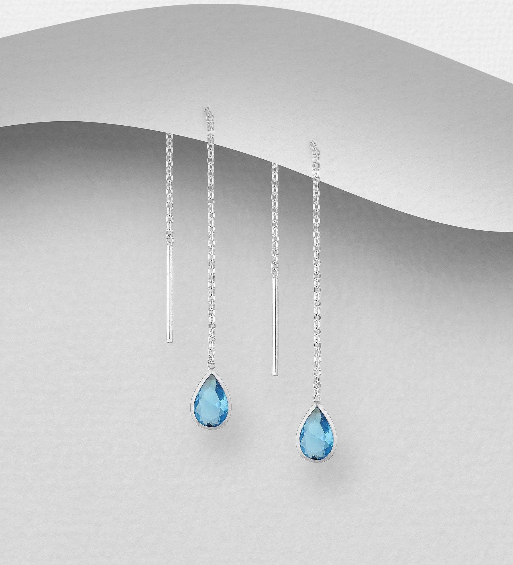 925 Sterling Silver Threader Earrings Decorated with Sky Blue CZ Diamonds
