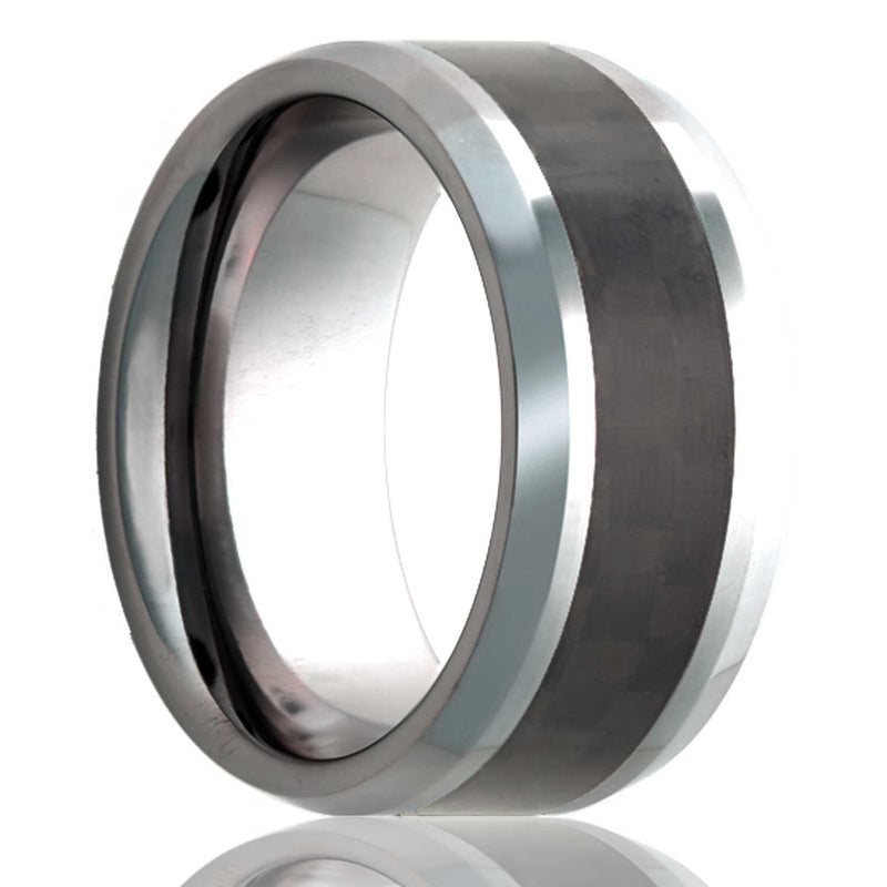 Men's 8MM Tungsten Band with Beveled-Edges & Carbon Fiber Inlay